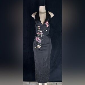Women’s Black One-Shoulder Floral-Embroidered Halter Dress